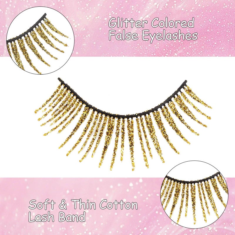 outopen 5 Pairs Glitter Lashes Halloween Gold Eyelashes Cosplay Makeup Gold Lashes Sequins Colored Lashes for Halloween Cosplay New Year Party Stage Makeup - Image 3